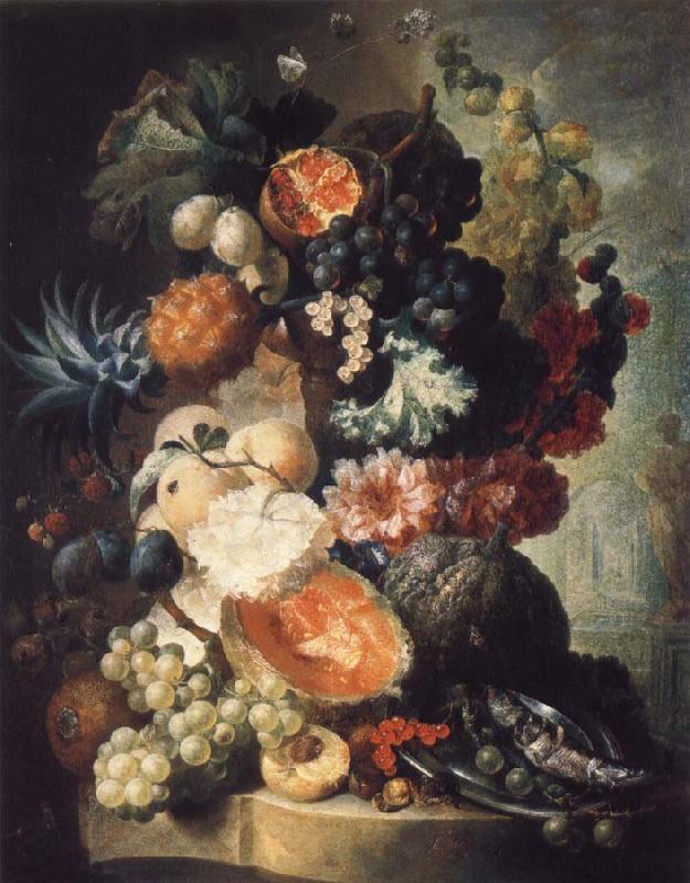 Jan van Os Fruit,Flwers and a Fish oil painting image